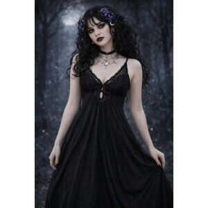 Vintage OLGA Black Lace Trim Nightgown Maxi Slip Dress Lingerie Size 38 Nylon